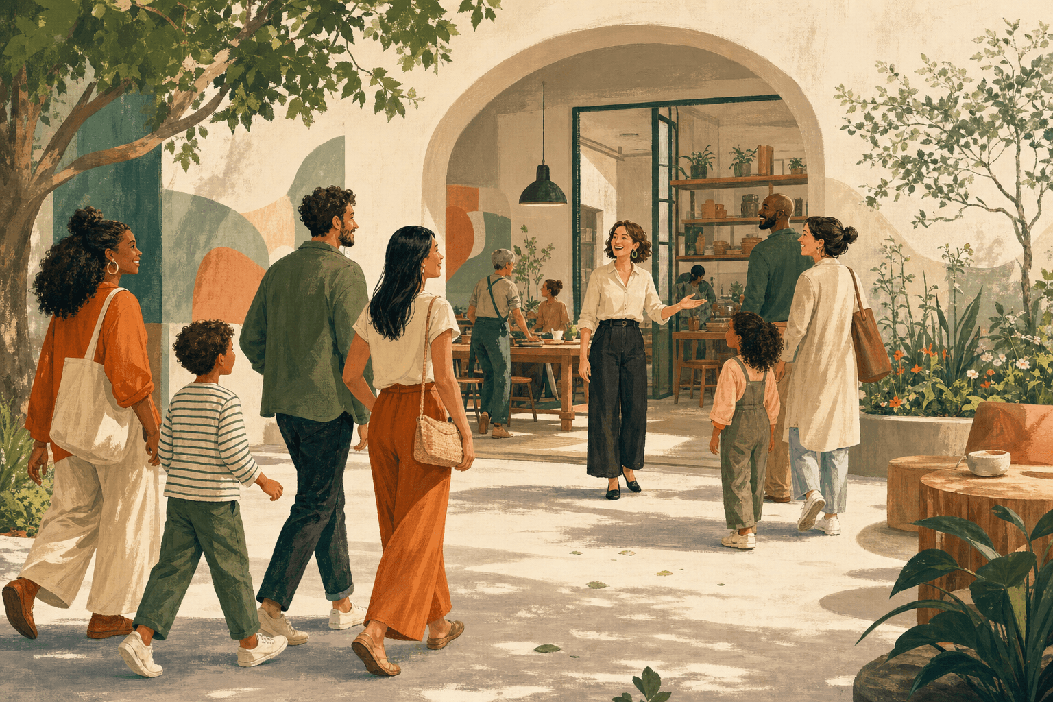 Families and adults arriving at a welcoming community event