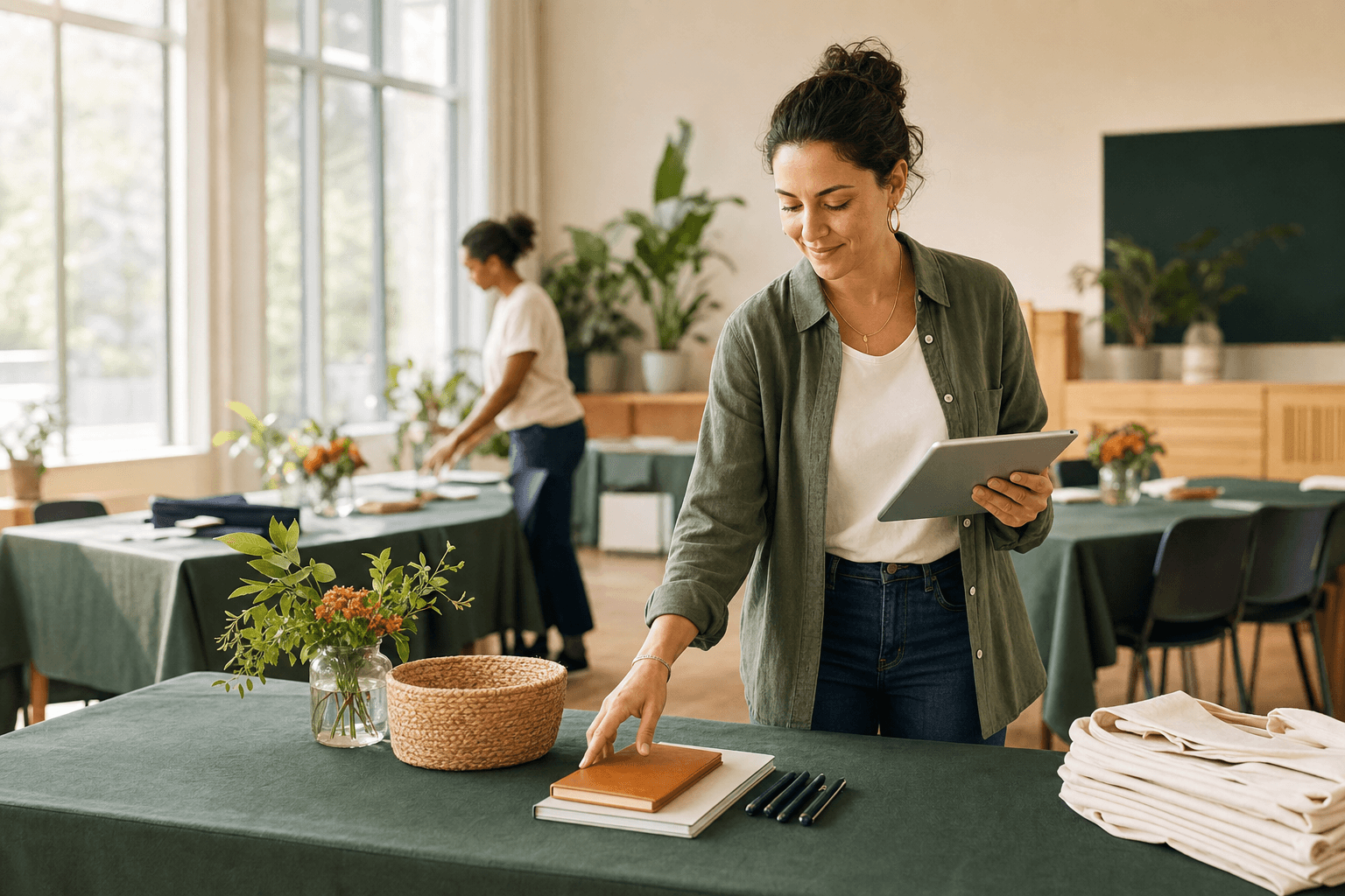 An event organizer preparing a welcoming workshop space