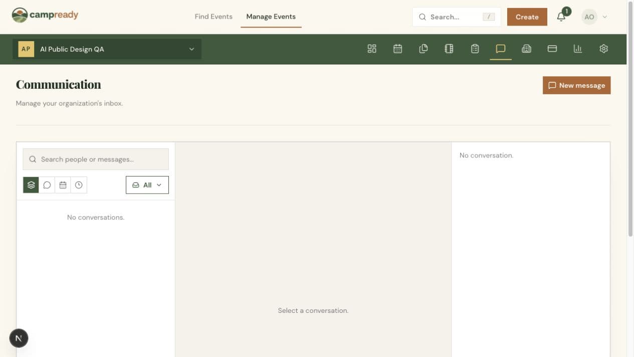 CampReady communication view with conversation filters and message area