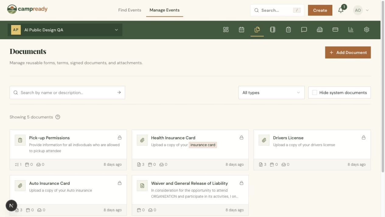 CampReady document library showing forms, waivers, and requested files