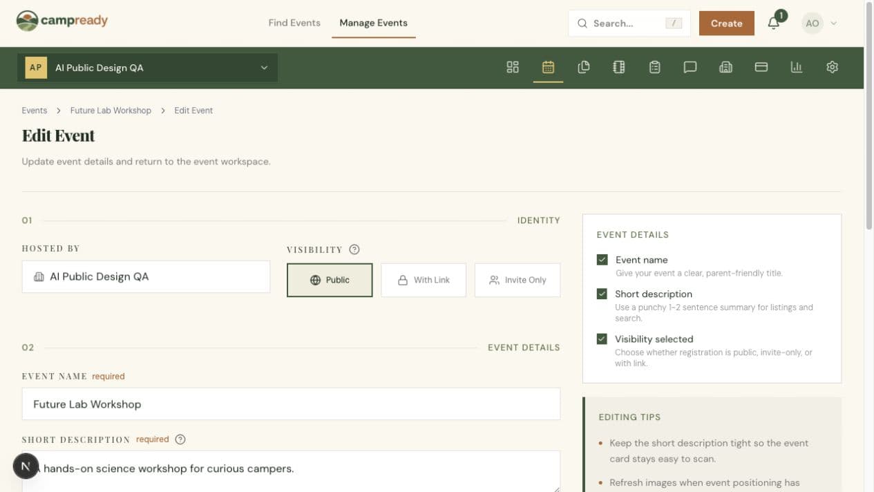 CampReady event editor showing visibility, event details, and setup guidance