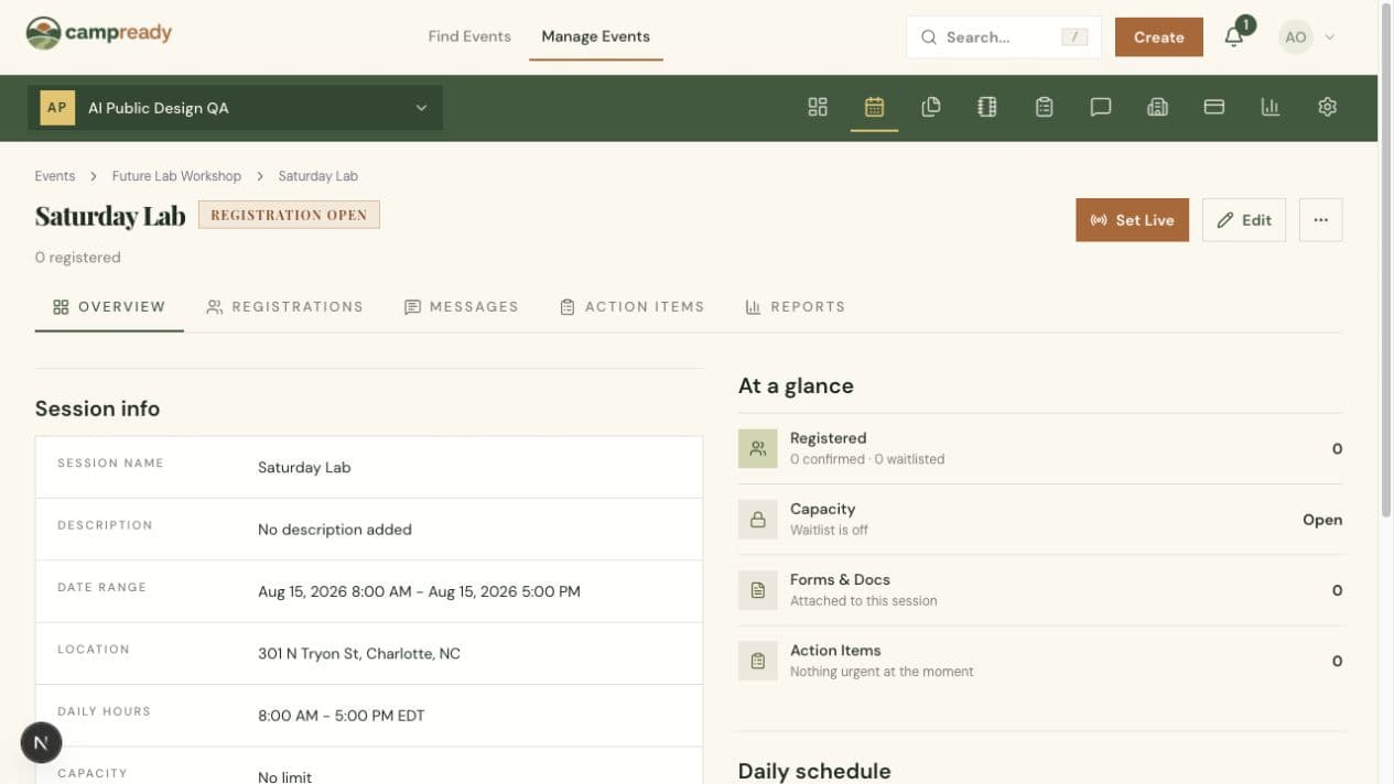 CampReady event operations view showing session details, capacity, and action items