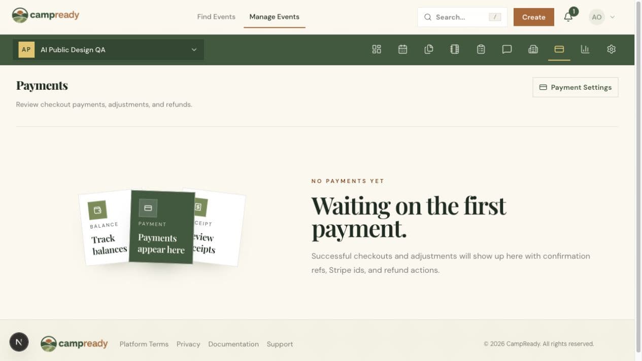 CampReady payments view ready to track balances, receipts, and refunds