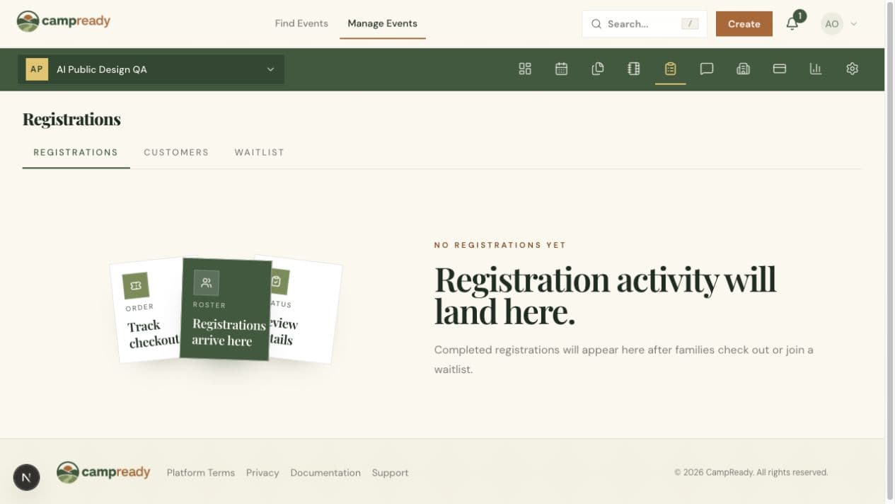 CampReady registration view with customer and waitlist navigation